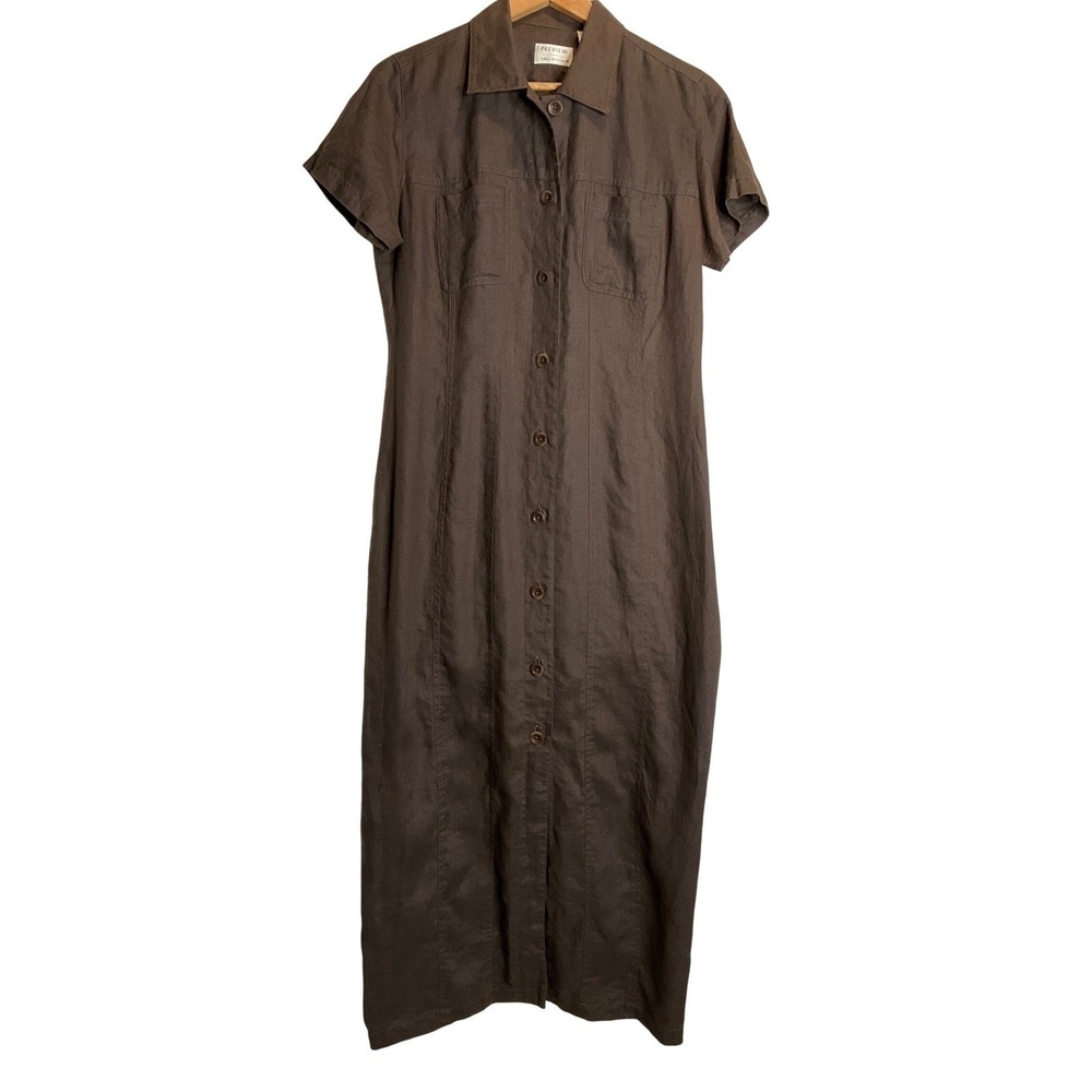 Vintage Maxi Shirt Dress 100% Linen Brown‎ Short Sleeve Button Up Modest Retro 8